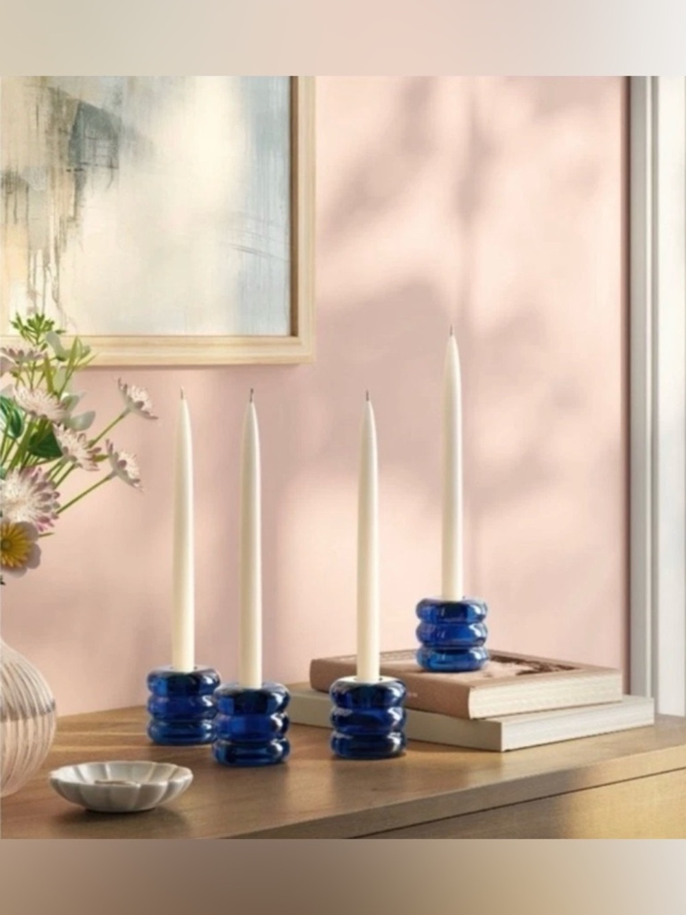 Room Essentials Blue Glass Stacked Ring Taper Candle Holders
Set of 4
New in Box